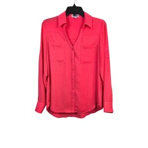 Express Portofino Women Pink Chiffon Roll Tab Sleeve Button Shirt Small Peppy